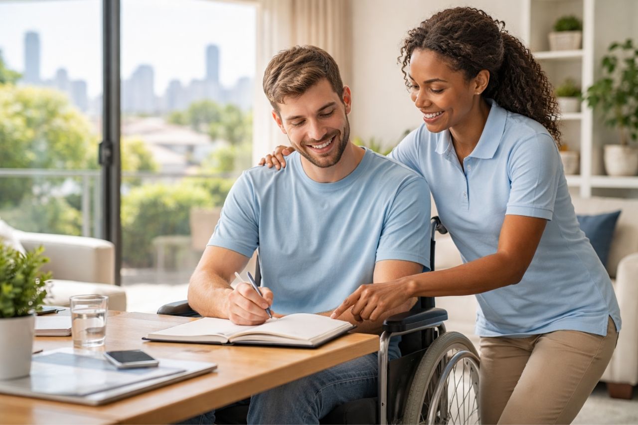 A smiling young man in a wheelchair writes in a notebook while a friendly female caregiver leans in to assist him at a sunlit wooden table, with a blurred Brisbane city skyline visible through the window.