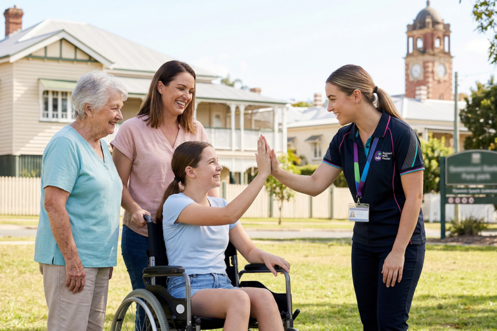 A smiling young woman in a wheelchair high-fives a registered NDIS support worker in an Ipswich park, while her happy family stands behind her.