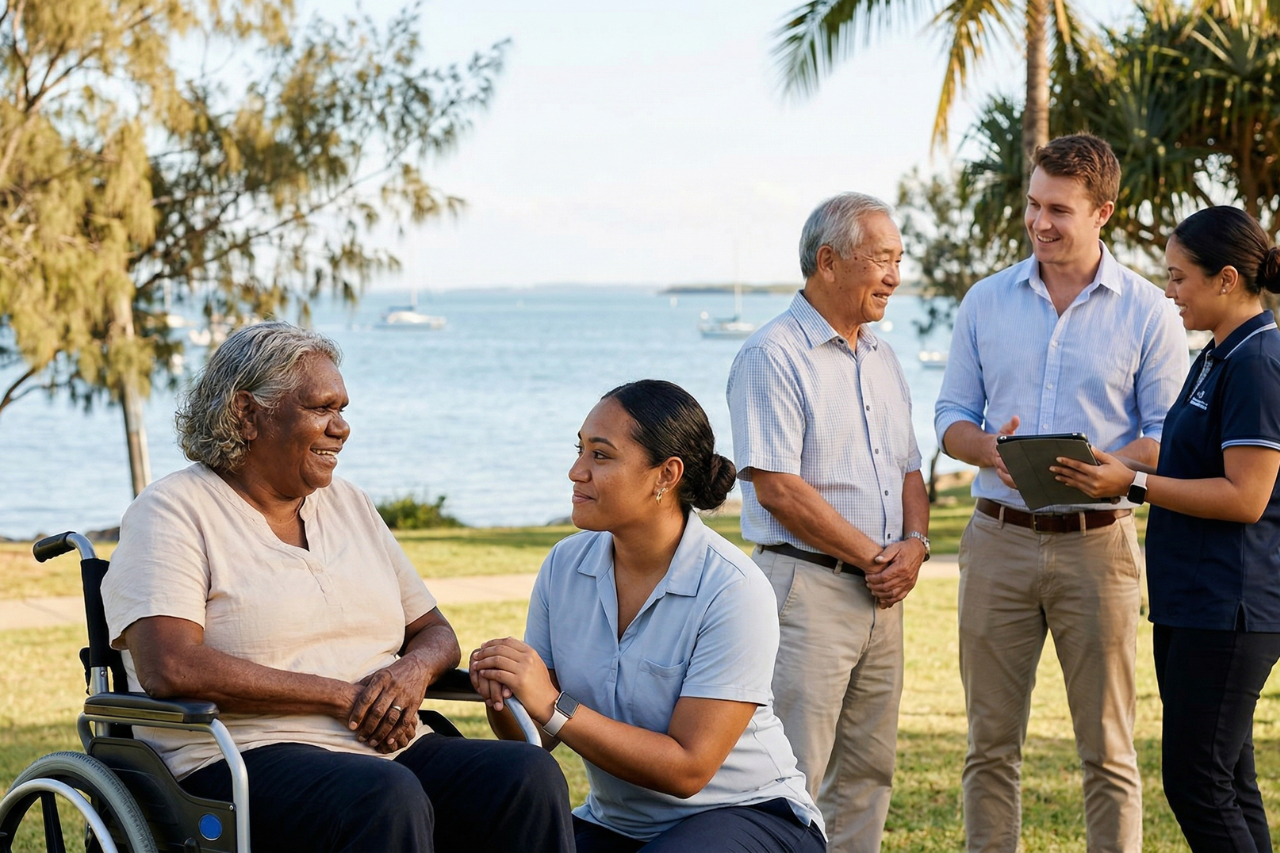A smiling young woman in a wheelchair high-fives a registered NDIS support worker in an Ipswich park, while her happy family stands behind her.