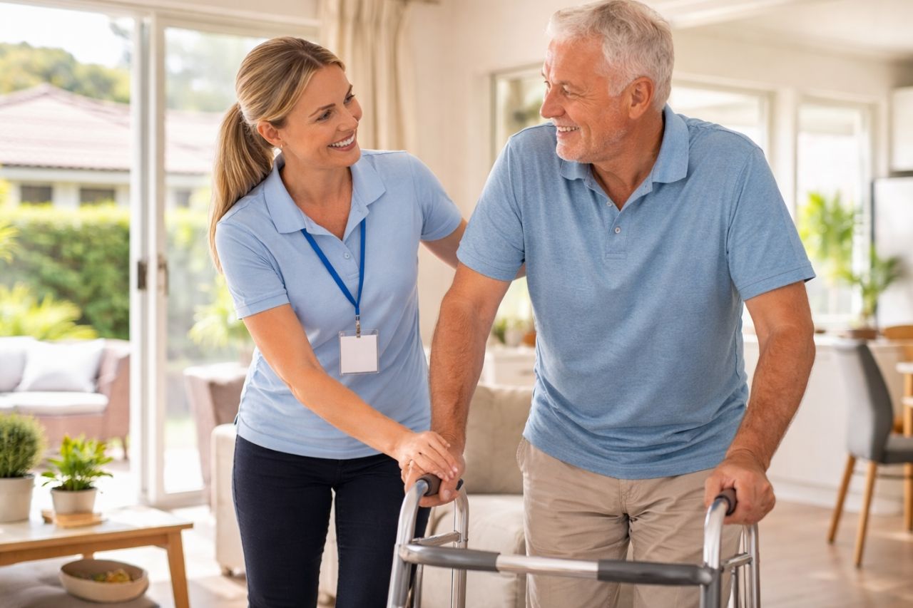 Support worker assisting an elderly man with mobility walker in a modern home, promoting independent living and in-home disability care in Logan