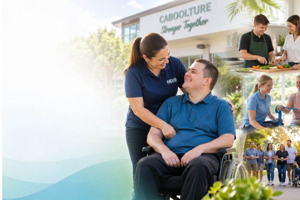 **Alt Text:** Caring NDIS support worker assisting a person with disability in a bright Caboolture community setting, with inclusive group activities in the background, representing an NDIS provider in Caboolture focused on community participation and support services.