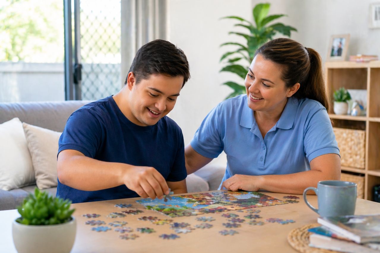 NDIS Provider in Logan supporting independent living as a caregiver assists a young adult with a puzzle activity at home