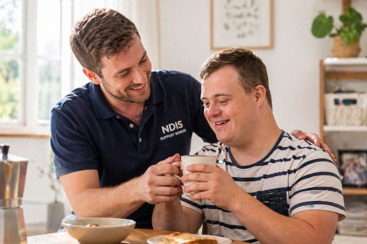 NDIS support services Brisbane – support worker assisting a person with disability at home, sharing a warm and comfortable moment with a smile