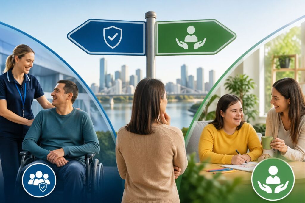 Comparison of registered and unregistered NDIS providers in Brisbane showing structured care environment versus flexible home support setting.
