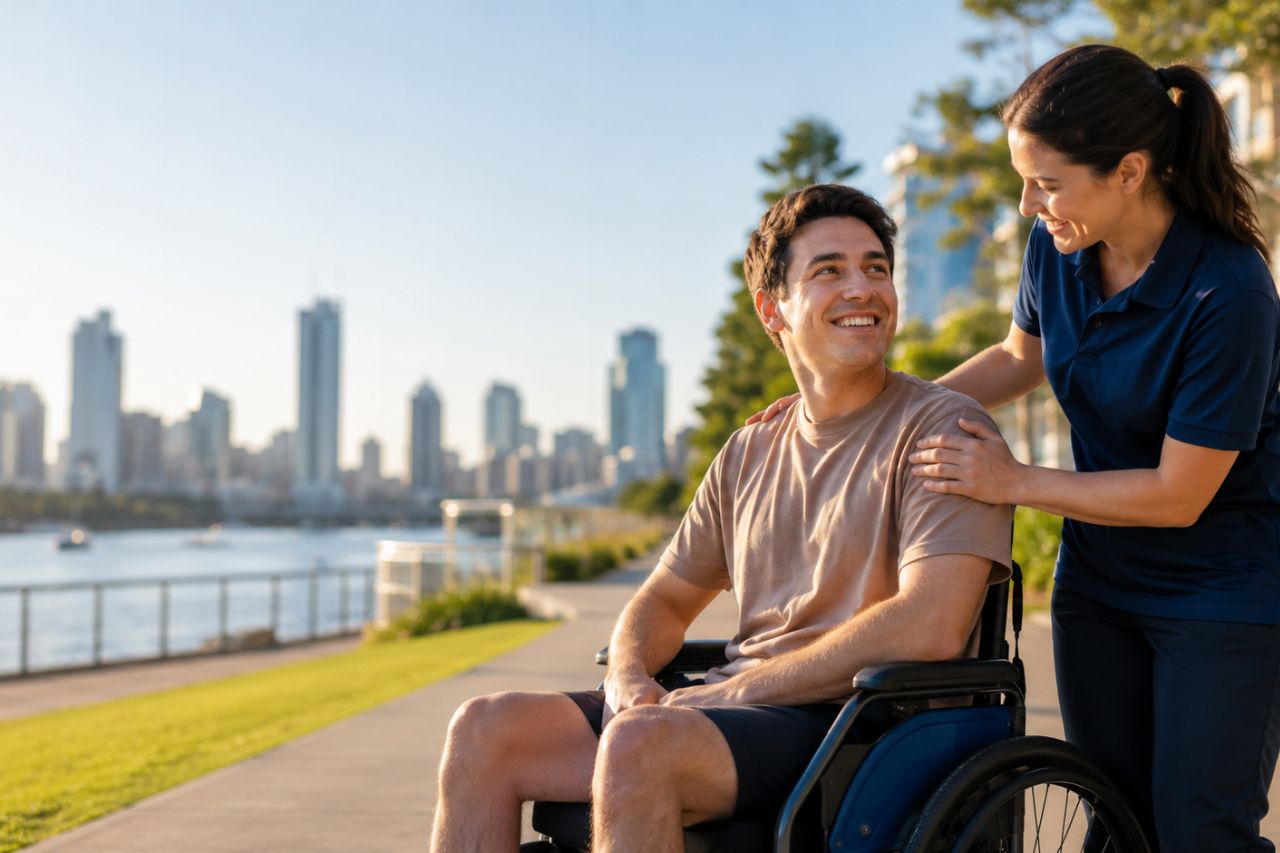 Disability support worker assisting a wheelchair user in a modern Brisbane community setting with compassionate NDIS disability support services promoting independence and inclusion.