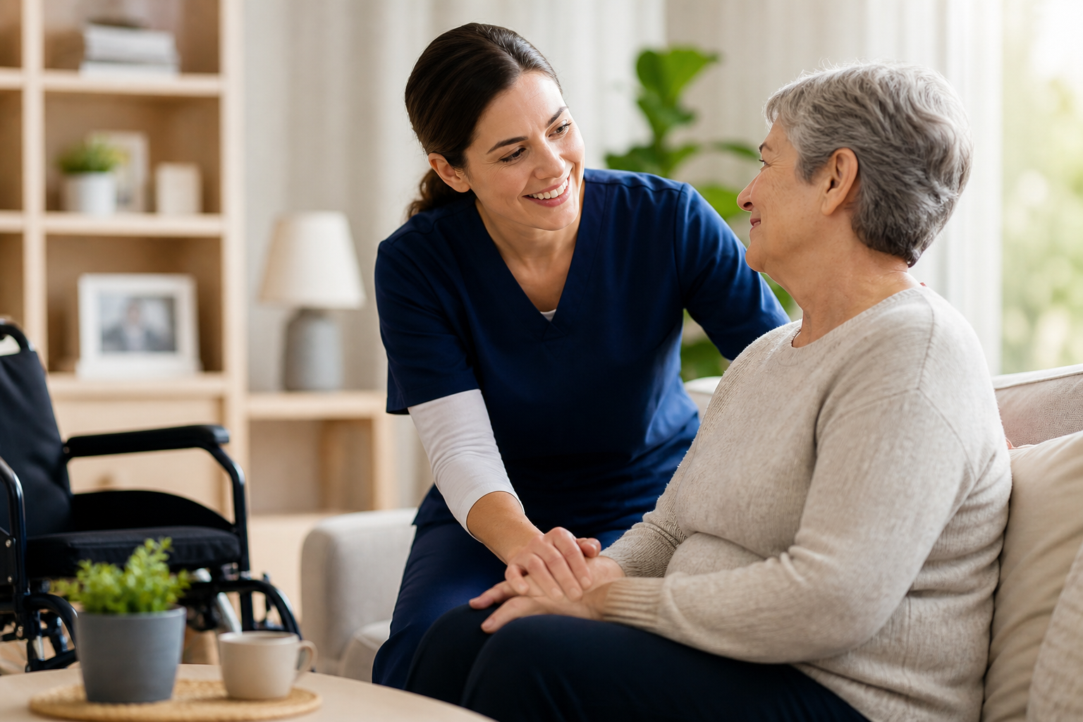 Compassionate in-home support Brisbane NDIS caregiver helping elderly woman with daily living tasks in a cozy home environment