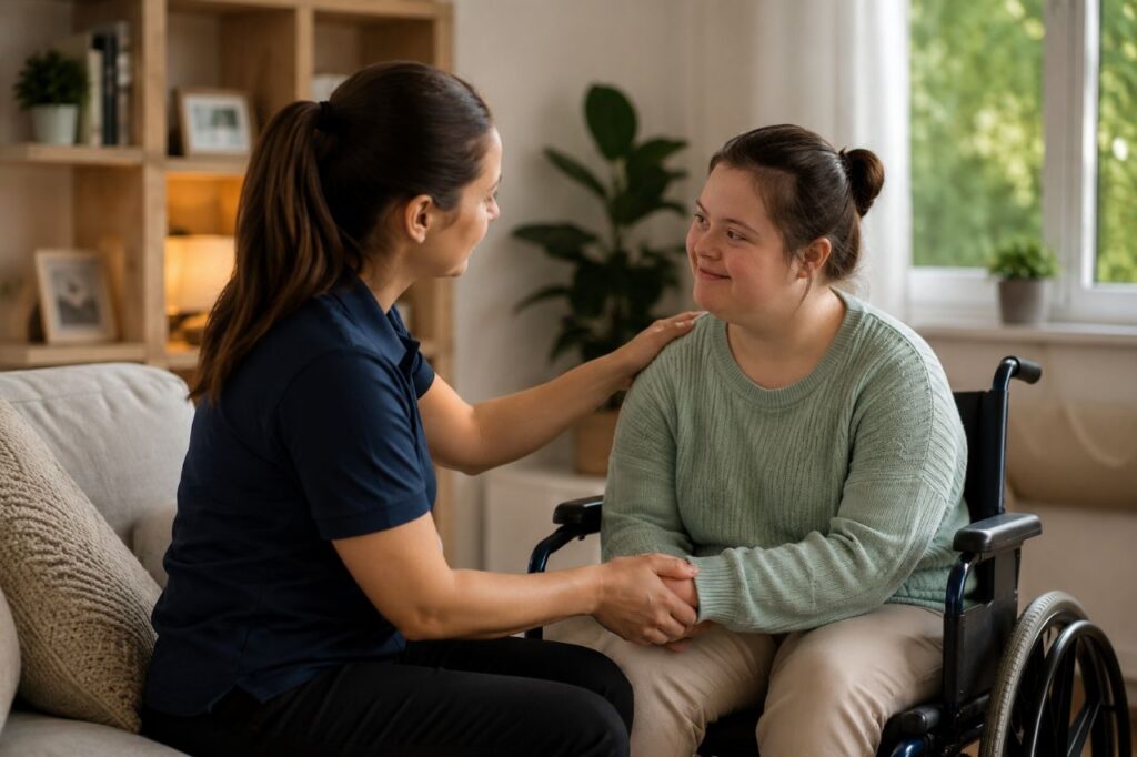 Compassionate disability support worker assisting an NDIS participant at home during emergency care support in Gold Coast