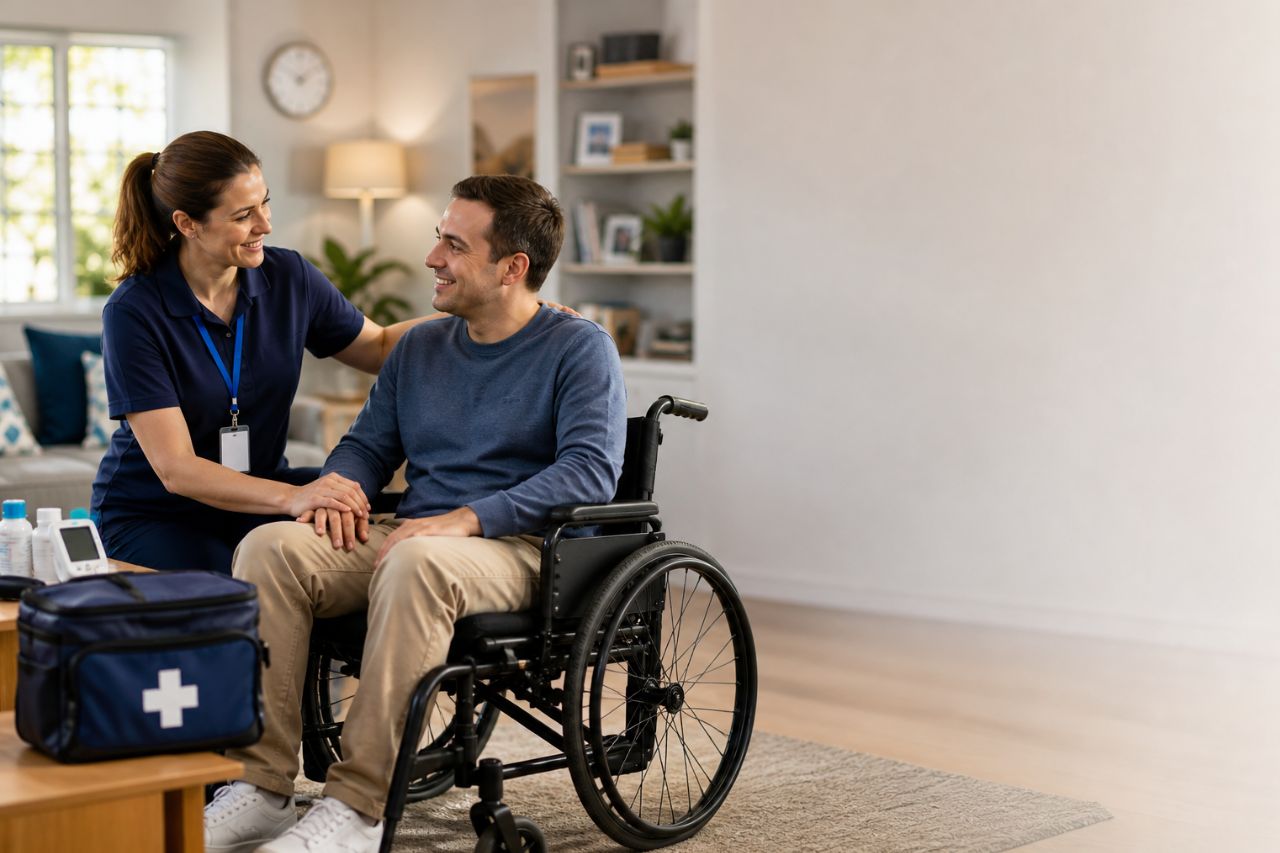 Emergency disability support services in Caboolture with NDIS support worker assisting a wheelchair user at home during urgent care situation