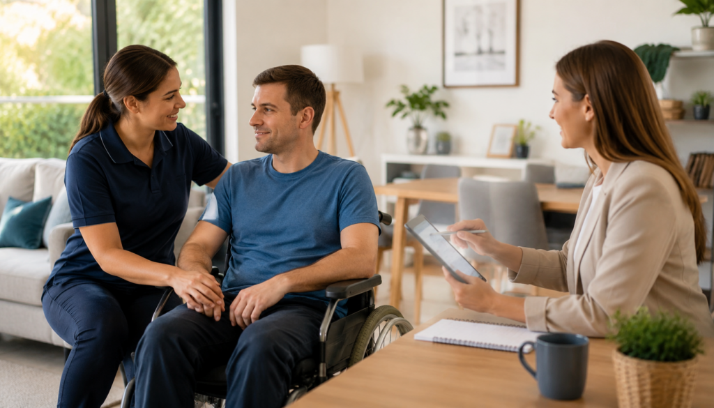 NDIS provider and support coordinator helping a participant with disability support services in Brisbane