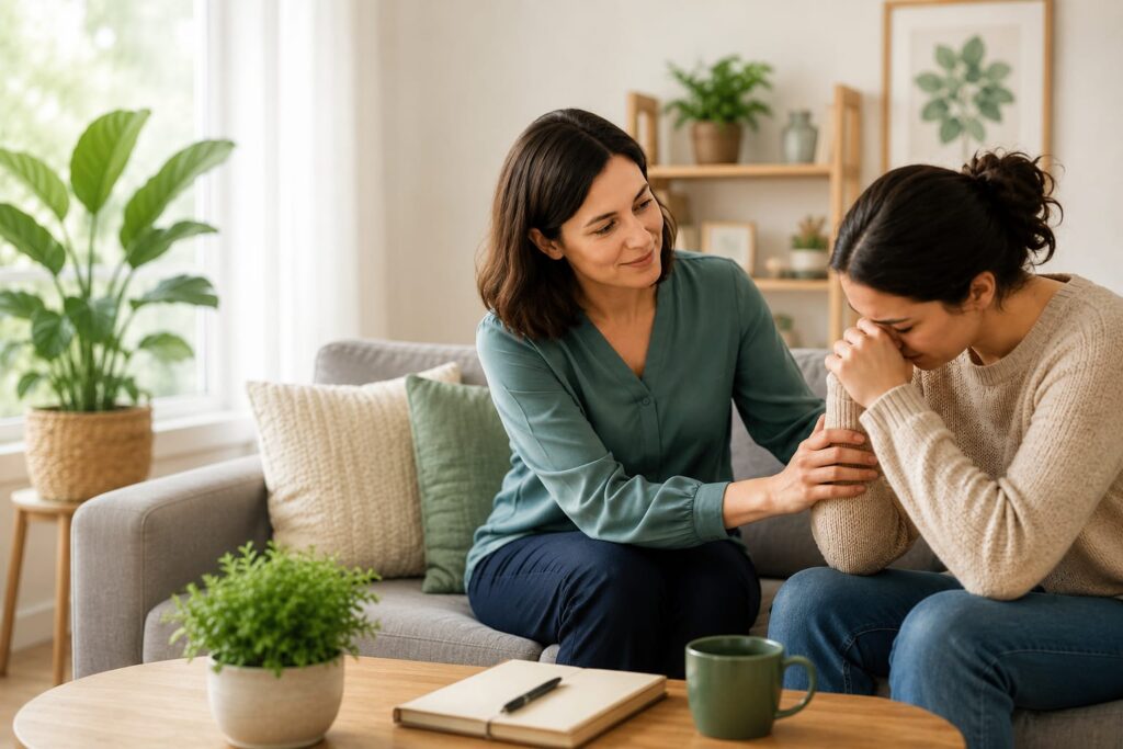 Top Mental Health Support Services Under NDIS in Brisbane 10 NDIS provider in Brisbane offering emotional and mental health support to a participant in a comfortable home setting