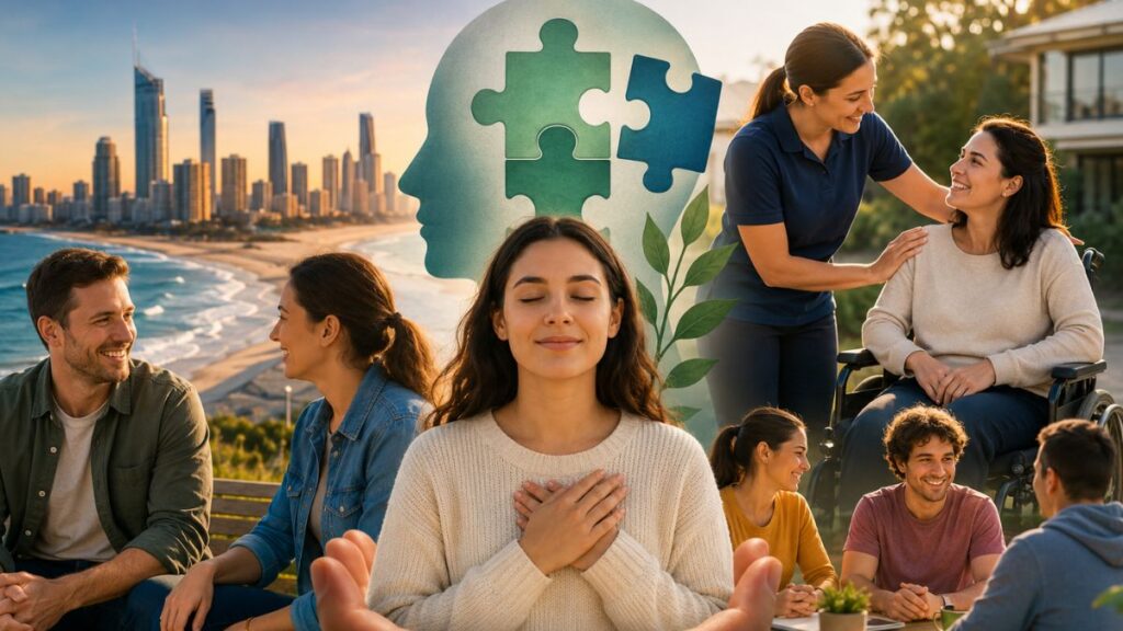 Mental Health & Psychosocial Disability Support Under NDIS Explained Simply: Gold Coast 7 Compassionate Mental Health and NDIS support provider in Gold Coast assisting a participant with psychosocial disability through person-centred care and community support.