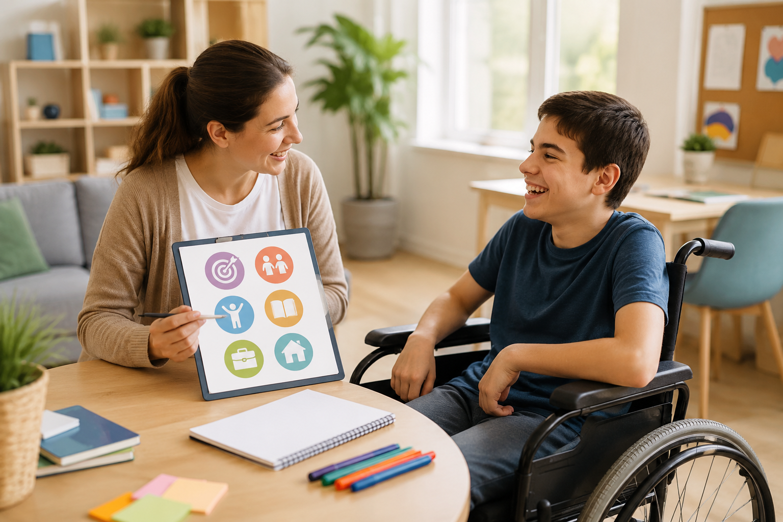 Support worker discussing personalised NDIS goals with a young wheelchair user using visual goal-planning icons in a bright, accessible therapy setting.