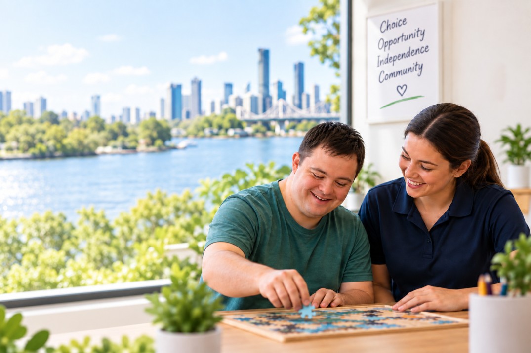 NDIS Behaviour Support Queensland participant building independence with a support worker